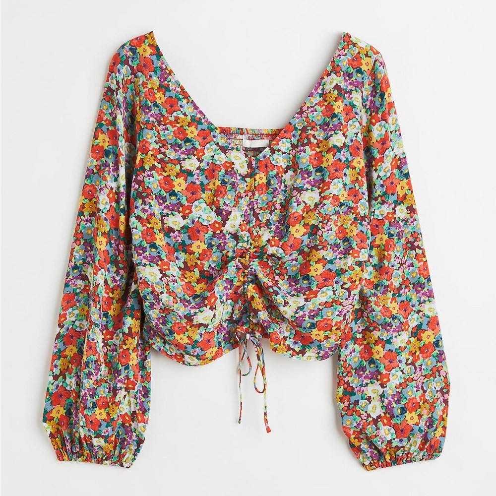 H&M FLORAL DRAWSTRING-FRONT CRÊPE BLOUSE, SZ L NWOT